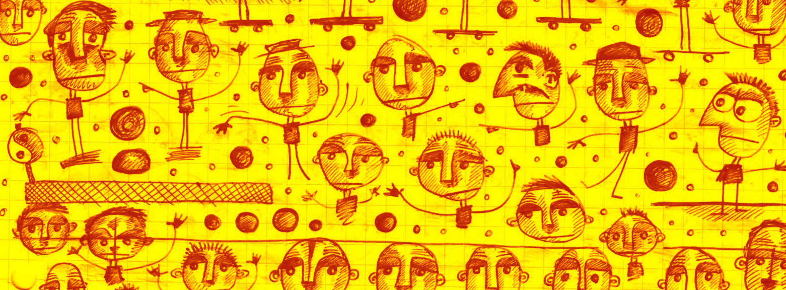 A number of doodled people drawn in red over a yellow ground.
